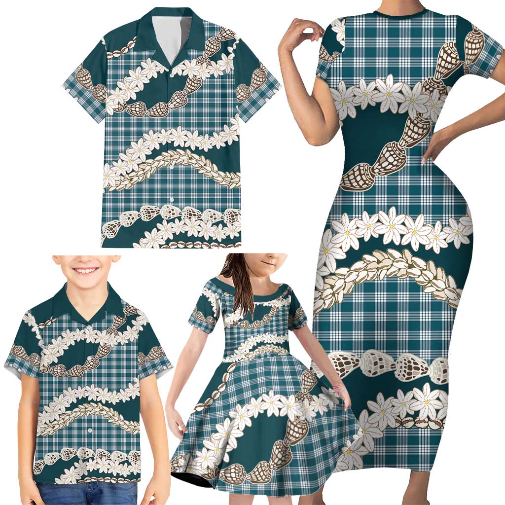Dark Cyan Hawaii Tiare and Shell Lei Family Matching Short Sleeve Bodycon Dress and Hawaiian Shirt Hawaiian Palaka Luxury Vibes LT14 - Polynesian Pride
