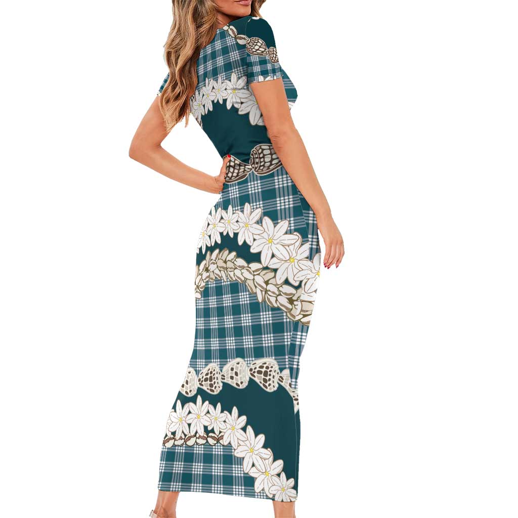 Dark Cyan Hawaii Tiare and Shell Lei Family Matching Short Sleeve Bodycon Dress and Hawaiian Shirt Hawaiian Palaka Luxury Vibes LT14 - Polynesian Pride