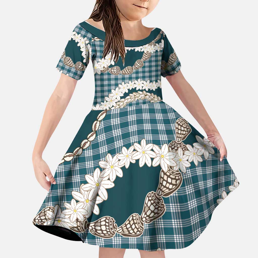 Dark Cyan Hawaii Tiare and Shell Lei Family Matching Summer Maxi Dress and Hawaiian Shirt Hawaiian Palaka Luxury Vibes LT14 Daughter's Dress Dark Cyan - Polynesian Pride