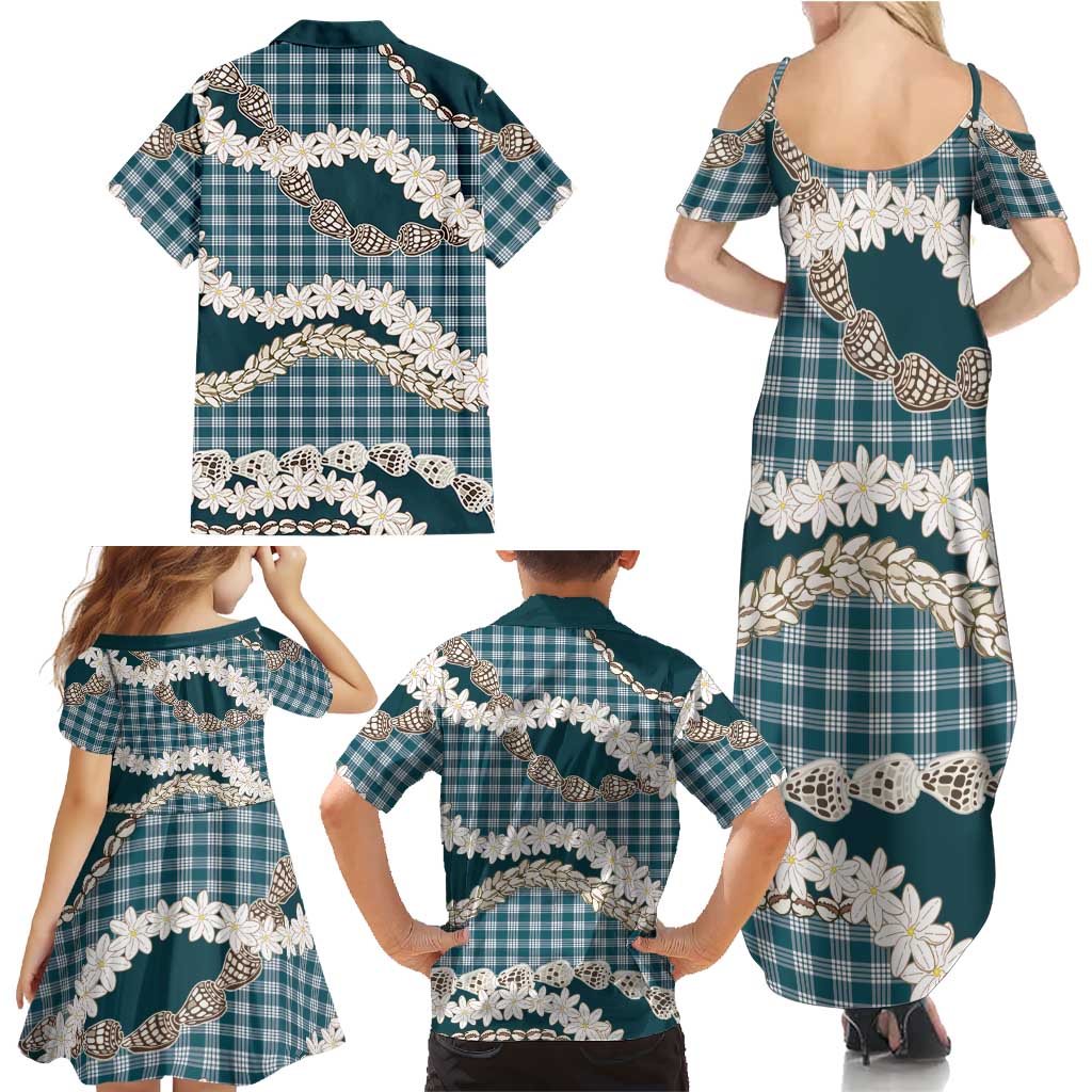 Dark Cyan Hawaii Tiare and Shell Lei Family Matching Summer Maxi Dress and Hawaiian Shirt Hawaiian Palaka Luxury Vibes LT14 - Polynesian Pride
