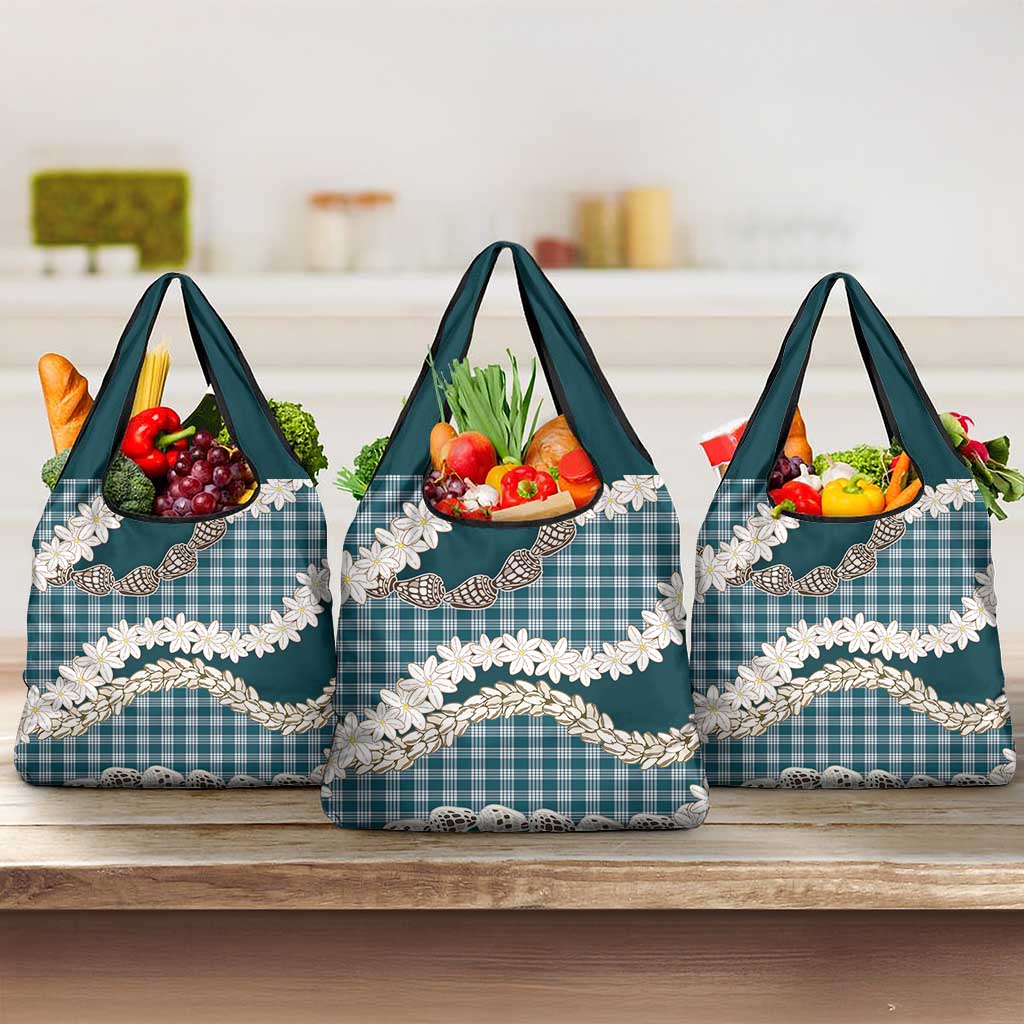 Dark Cyan Hawaii Tiare and Shell Lei Grocery Bag Hawaiian Palaka Luxury Vibes - Polynesian Pride