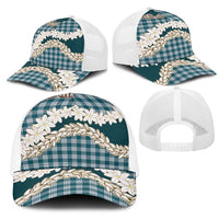 Dark Cyan Hawaii Tiare and Shell Lei Mesh Trucker Cap Hawaiian Palaka Luxury Vibes - Polynesian Pride