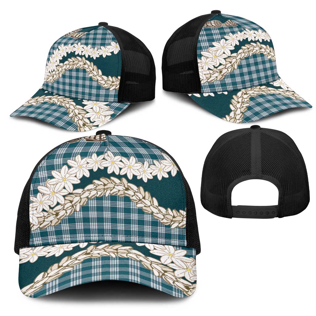 Dark Cyan Hawaii Tiare and Shell Lei Mesh Trucker Cap Hawaiian Palaka Luxury Vibes - Polynesian Pride