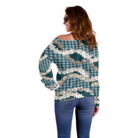 Dark Cyan Hawaii Tiare and Shell Lei Off Shoulder Sweater Hawaiian Palaka Luxury Vibes - Polynesian Pride