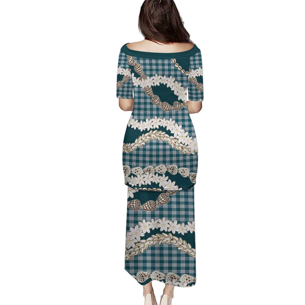 Dark Cyan Hawaii Tiare and Shell Lei Puletasi Hawaiian Palaka Luxury Vibes - Polynesian Pride