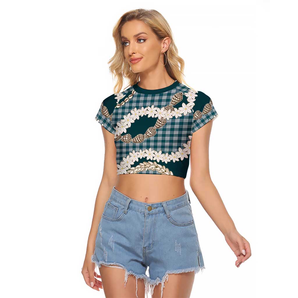 Dark Cyan Hawaii Tiare and Shell Lei Raglan Cropped T Shirt Hawaiian Palaka Luxury Vibes - Polynesian Pride