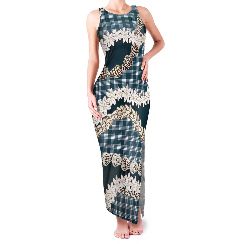 Dark Cyan Hawaii Tiare and Shell Lei Tank Maxi Dress Hawaiian Palaka Luxury Vibes - Polynesian Pride