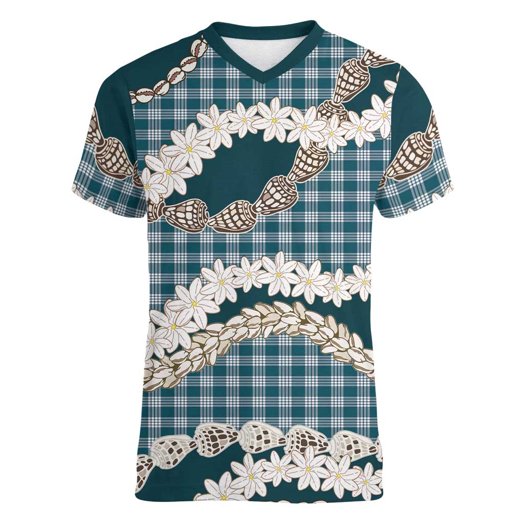 Dark Cyan Hawaii Tiare and Shell Lei Women V-Neck T-Shirt Hawaiian Palaka Luxury Vibes - Polynesian Pride