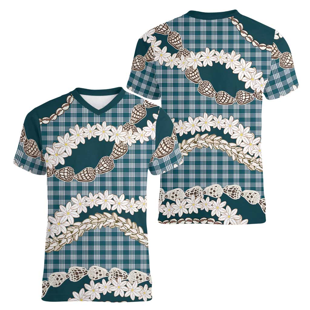 Dark Cyan Hawaii Tiare and Shell Lei Women V-Neck T-Shirt Hawaiian Palaka Luxury Vibes - Polynesian Pride