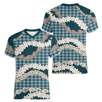 Dark Cyan Hawaii Tiare and Shell Lei Women V-Neck T-Shirt Hawaiian Palaka Luxury Vibes - Polynesian Pride