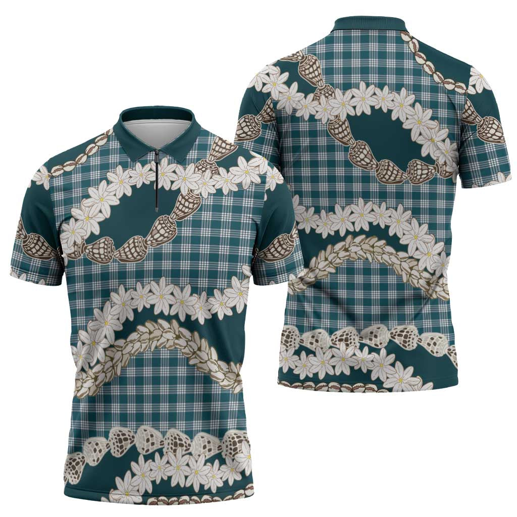 Dark Cyan Hawaii Tiare and Shell Lei Zipper Polo Shirt Hawaiian Palaka Luxury Vibes - Polynesian Pride