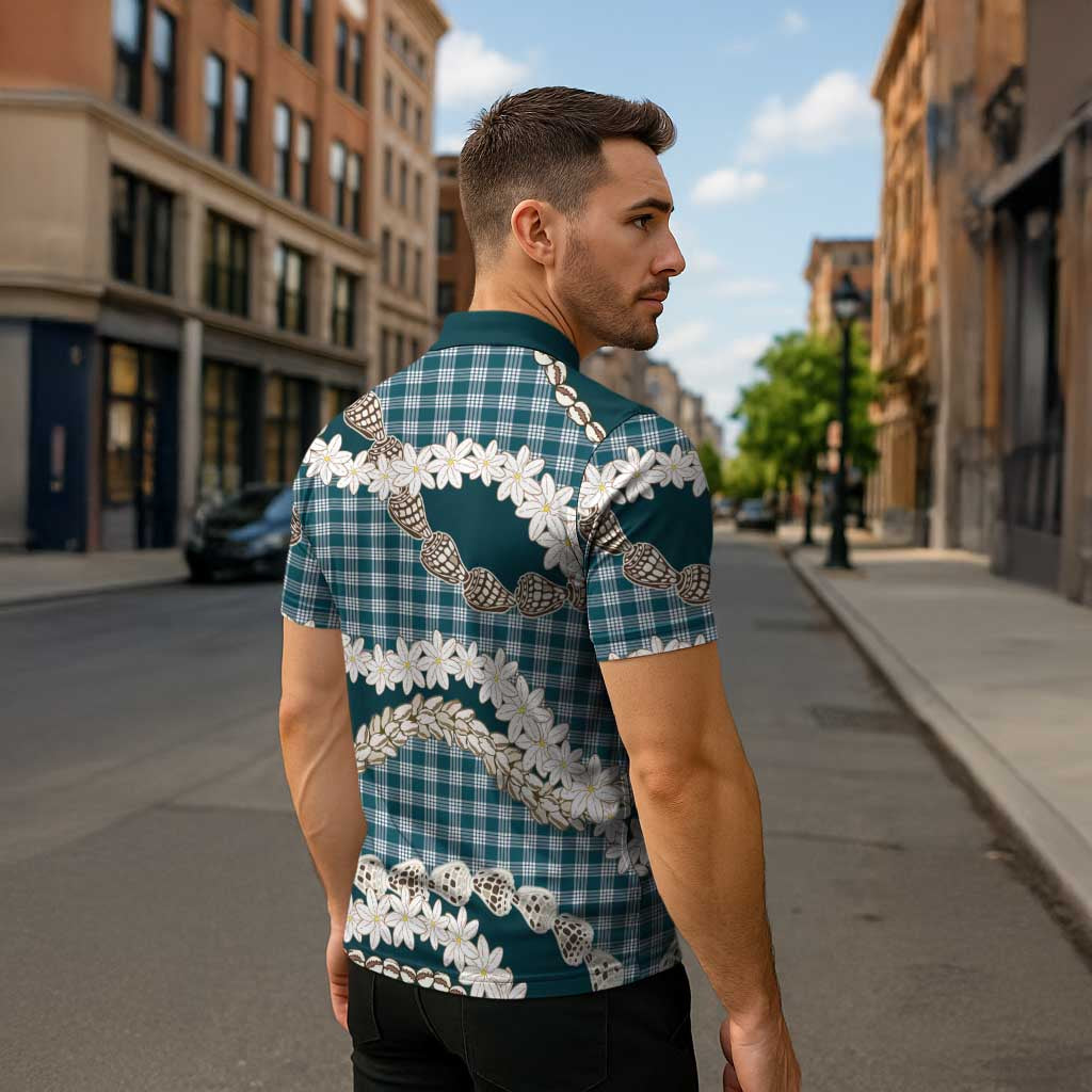 Dark Cyan Hawaii Tiare and Shell Lei Zipper Polo Shirt Hawaiian Palaka Luxury Vibes - Polynesian Pride