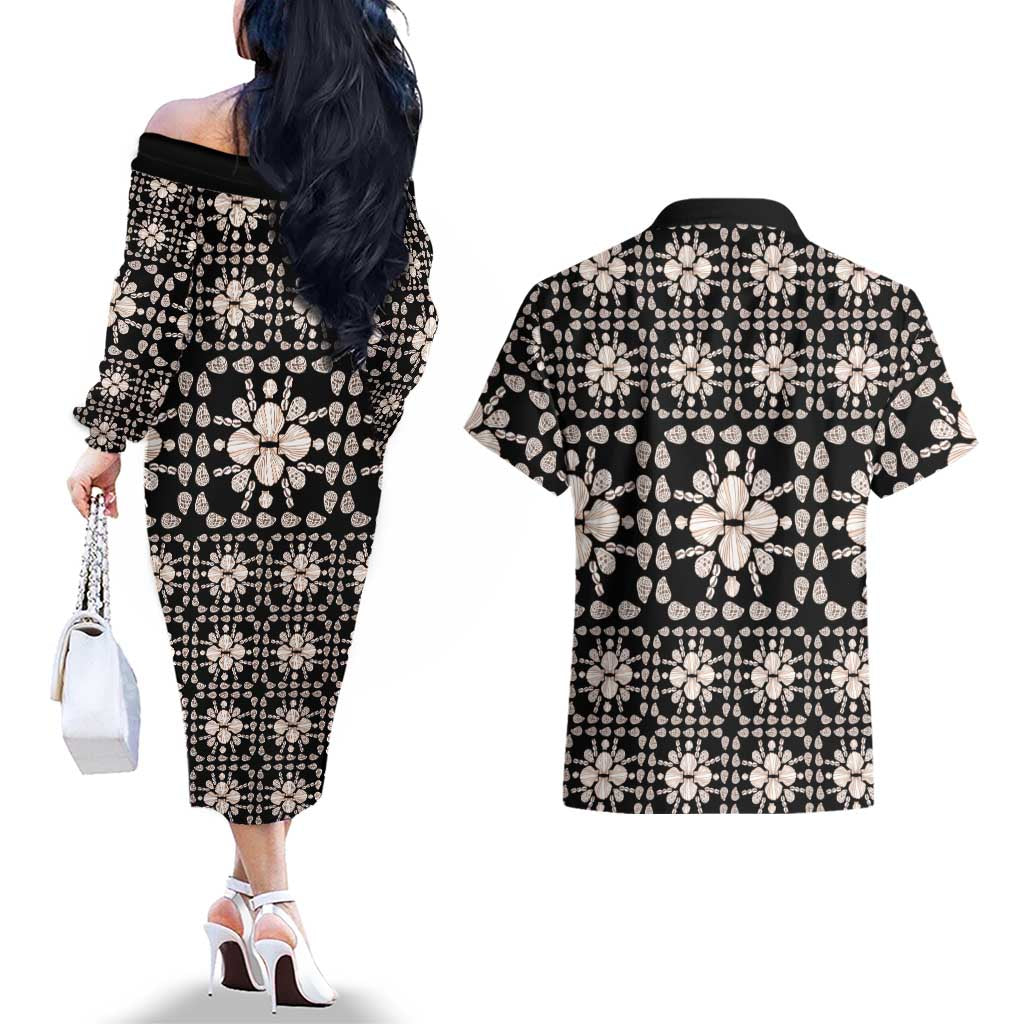 Aloha Hawaii Shell Quilt Couples Matching Off The Shoulder Long Sleeve Dress and Hawaiian Shirt Seamless Style - Polynesian Pride