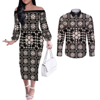 Aloha Hawaii Shell Quilt Couples Matching Off The Shoulder Long Sleeve Dress and Long Sleeve Button Shirt Seamless Style - Polynesian Pride