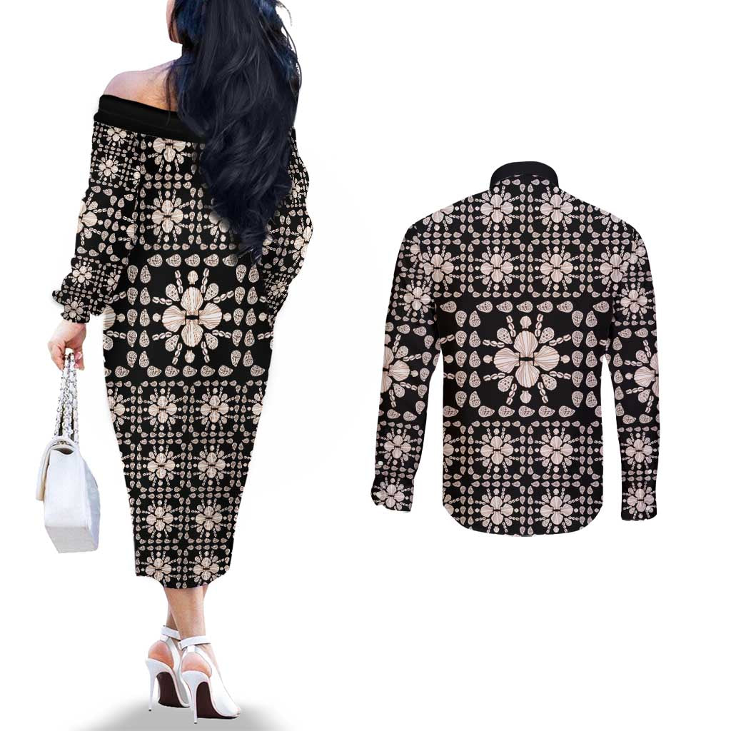 Aloha Hawaii Shell Quilt Couples Matching Off The Shoulder Long Sleeve Dress and Long Sleeve Button Shirt Seamless Style - Polynesian Pride