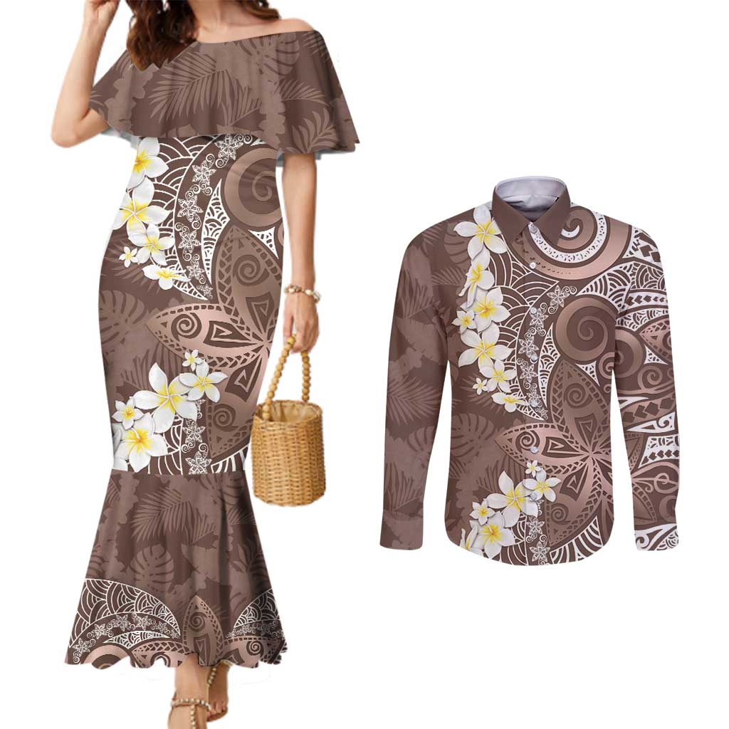 Mocha Mousse Polynesian Tribal Frangipani Tropical Vibe Couples Matching Mermaid Dress and Long Sleeve Button Shirt