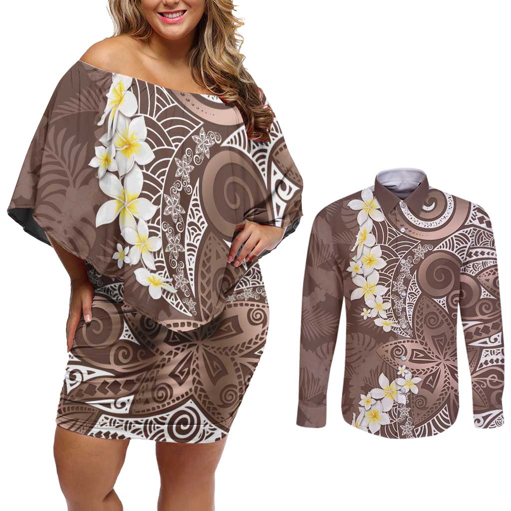 Mocha Mousse Polynesian Tribal Frangipani Tropical Vibe Couples Matching Off Shoulder Short Dress and Long Sleeve Button Shirt