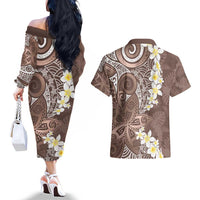 Mocha Mousse Polynesian Tribal Frangipani Tropical Vibe Couples Matching Off The Shoulder Long Sleeve Dress and Hawaiian Shirt LT14 - Polynesian Pride