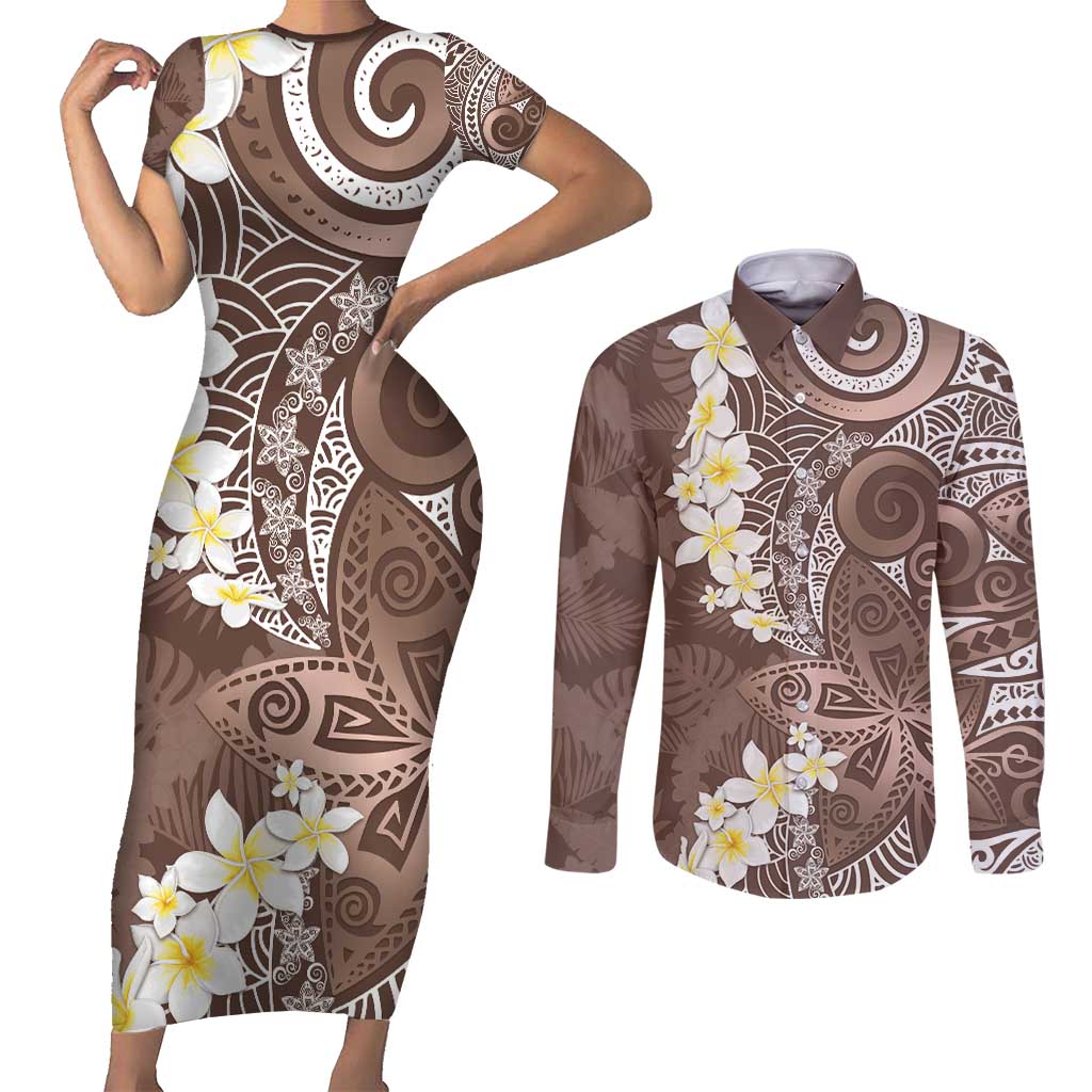 Mocha Mousse Polynesian Tribal Frangipani Tropical Vibe Couples Matching Short Sleeve Bodycon Dress and Long Sleeve Button Shirt