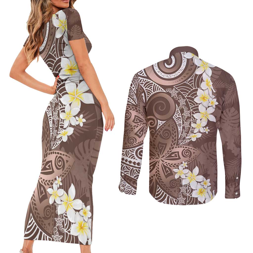 Mocha Mousse Polynesian Tribal Frangipani Tropical Vibe Couples Matching Short Sleeve Bodycon Dress and Long Sleeve Button Shirt