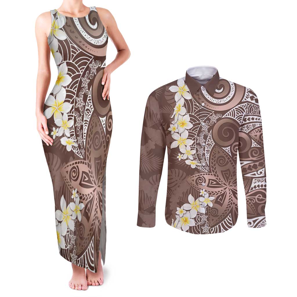Mocha Mousse Polynesian Tribal Frangipani Tropical Vibe Couples Matching Tank Maxi Dress and Long Sleeve Button Shirt