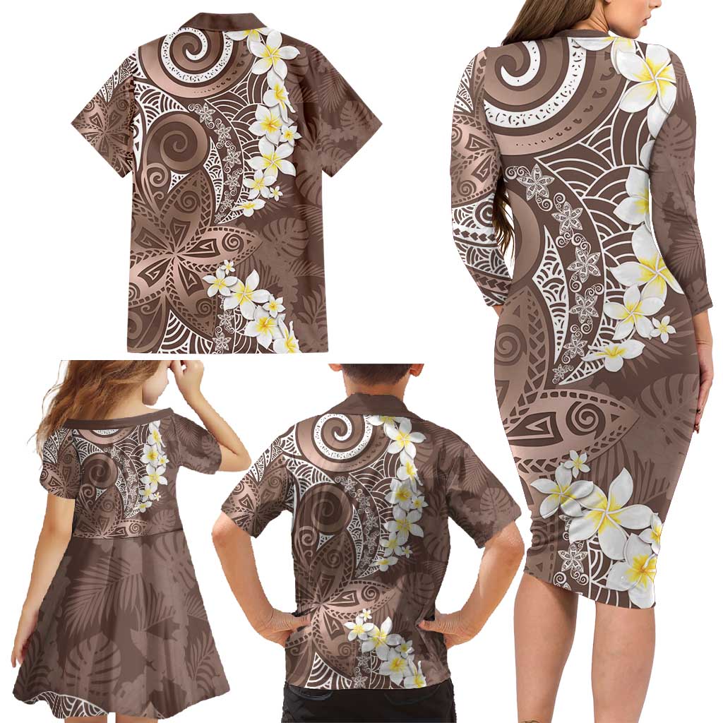Mocha Mousse Polynesian Tribal Frangipani Tropical Vibe Family Matching Long Sleeve Bodycon Dress and Hawaiian Shirt LT14 - Polynesian Pride