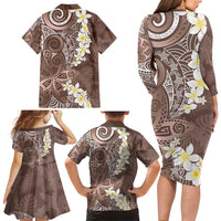 Mocha Mousse Polynesian Tribal Frangipani Tropical Vibe Family Matching Long Sleeve Bodycon Dress and Hawaiian Shirt LT14 - Polynesian Pride
