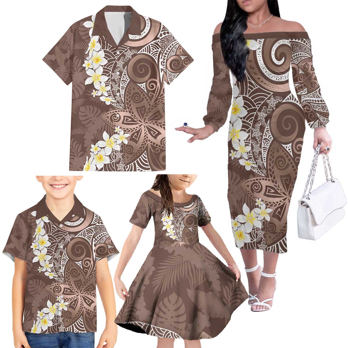 Mocha Mousse Polynesian Tribal Frangipani Tropical Vibe Family Matching Off The Shoulder Long Sleeve Dress and Hawaiian Shirt LT14 - Polynesian Pride