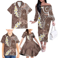 Mocha Mousse Polynesian Tribal Frangipani Tropical Vibe Family Matching Off The Shoulder Long Sleeve Dress and Hawaiian Shirt LT14 - Polynesian Pride