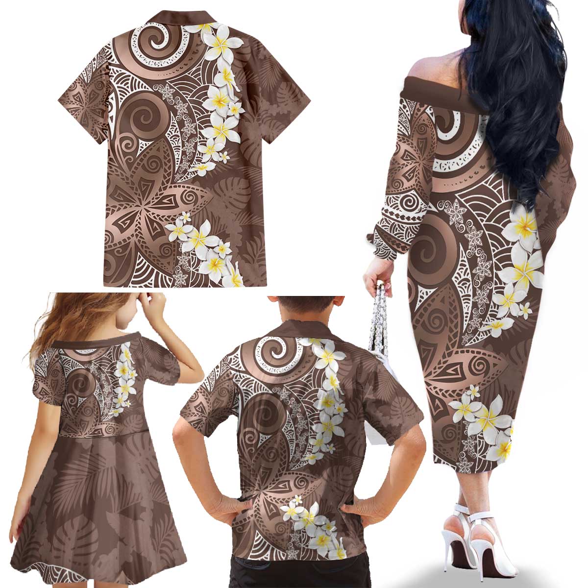 Mocha Mousse Polynesian Tribal Frangipani Tropical Vibe Family Matching Off The Shoulder Long Sleeve Dress and Hawaiian Shirt LT14 - Polynesian Pride