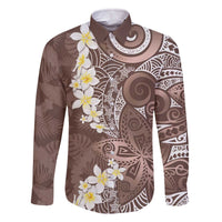 Mocha Mousse Polynesian Tribal Frangipani Tropical Vibe Family Matching Off The Shoulder Long Sleeve Dress and Hawaiian Shirt LT14 Dad's Shirt - Long Sleeve Mocha Mousse - Polynesian Pride