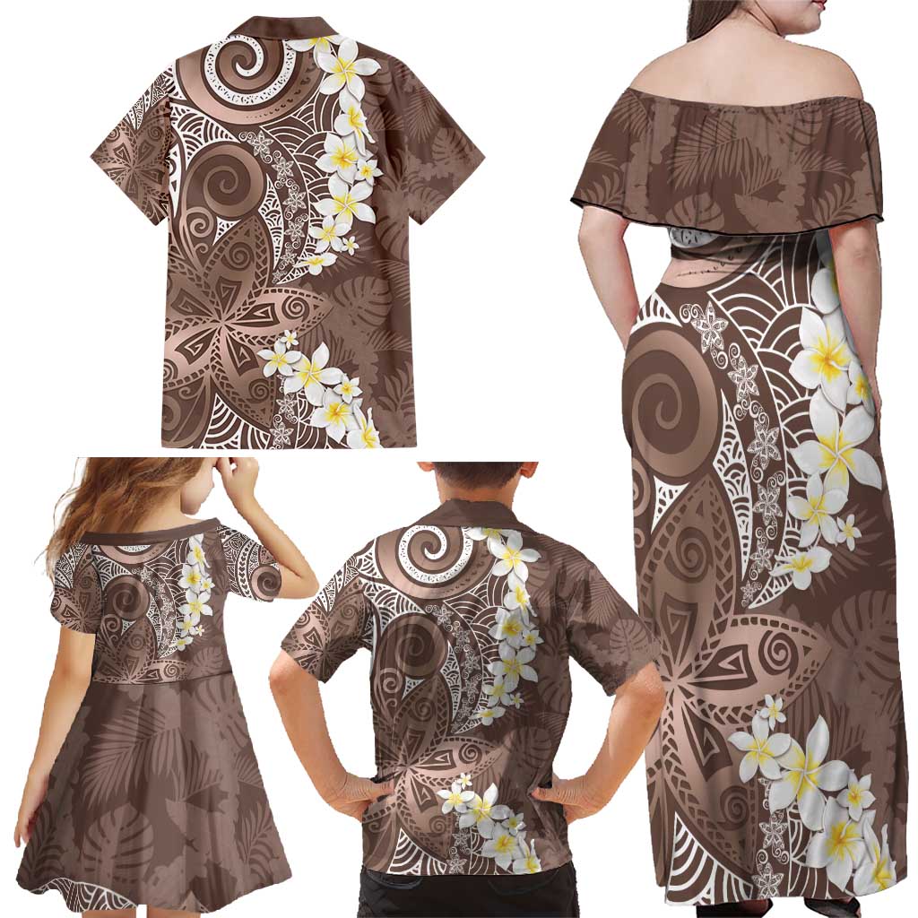 Mocha Mousse Polynesian Tribal Frangipani Tropical Vibe Family Matching Off Shoulder Maxi Dress and Hawaiian Shirt LT14 - Polynesian Pride