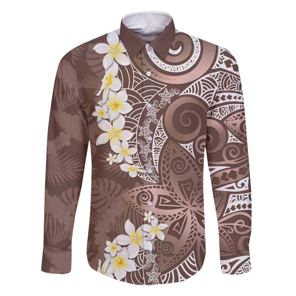 Mocha Mousse Polynesian Tribal Frangipani Tropical Vibe Family Matching Off Shoulder Short Dress and Hawaiian Shirt LT14 Dad's Shirt - Long Sleeve Mocha Mousse - Polynesian Pride