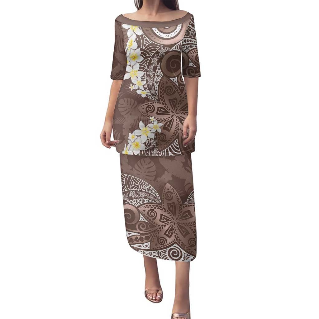Mocha Mousse Polynesian Tribal Frangipani Tropical Vibe Family Matching Puletasi and Hawaiian Shirt