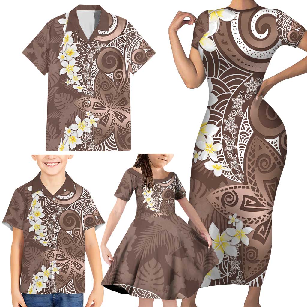 Mocha Mousse Polynesian Tribal Frangipani Tropical Vibe Family Matching Short Sleeve Bodycon Dress and Hawaiian Shirt LT14 - Polynesian Pride
