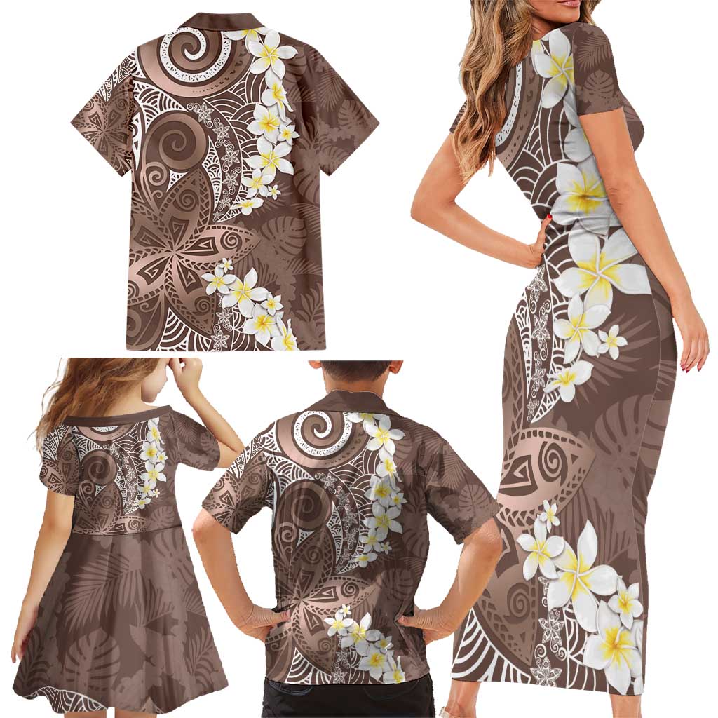 Mocha Mousse Polynesian Tribal Frangipani Tropical Vibe Family Matching Short Sleeve Bodycon Dress and Hawaiian Shirt LT14 - Polynesian Pride