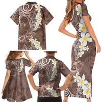 Mocha Mousse Polynesian Tribal Frangipani Tropical Vibe Family Matching Short Sleeve Bodycon Dress and Hawaiian Shirt LT14 - Polynesian Pride