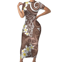 Mocha Mousse Polynesian Tribal Frangipani Tropical Vibe Family Matching Short Sleeve Bodycon Dress and Hawaiian Shirt LT14 Mom's Dress Mocha Mousse - Polynesian Pride