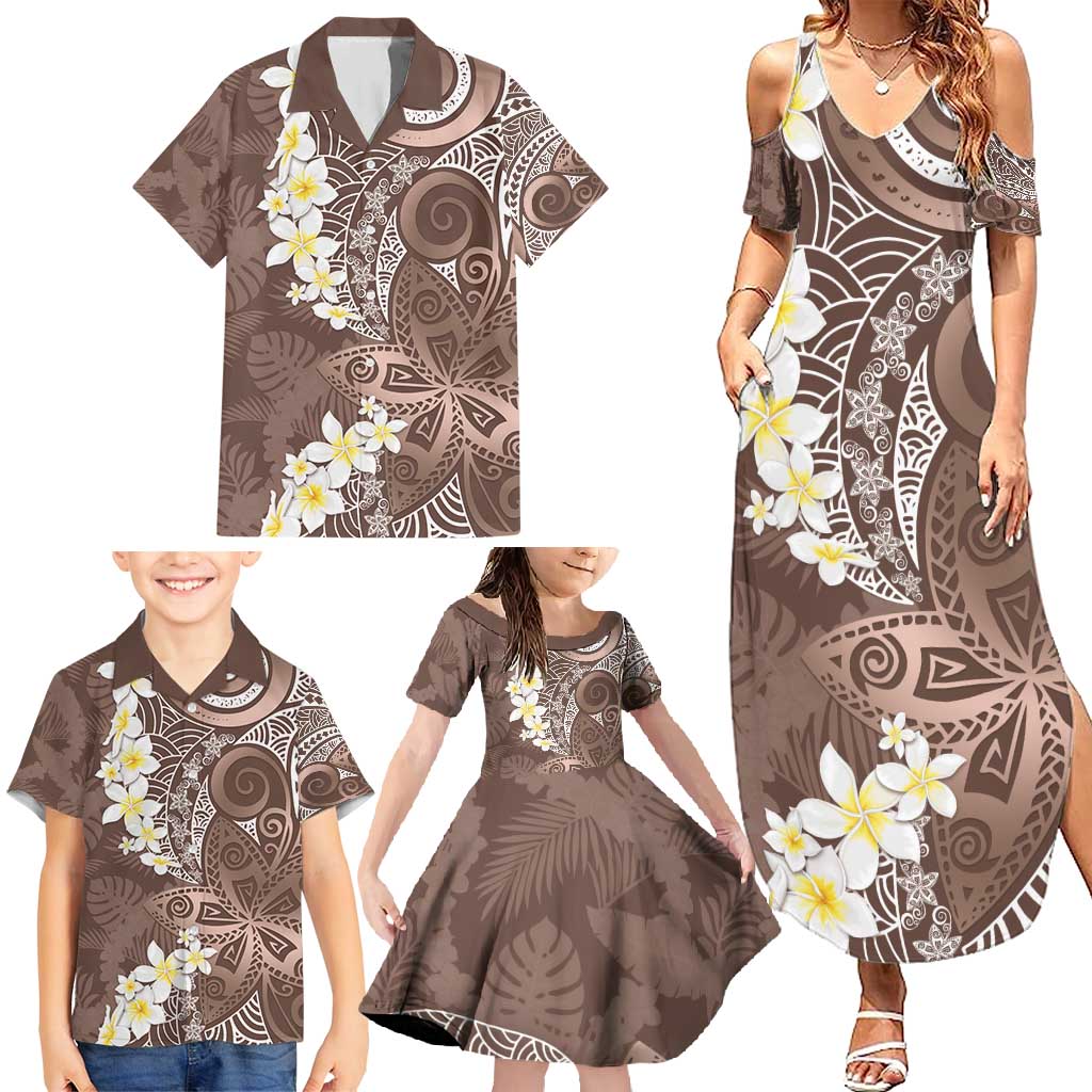 Mocha Mousse Polynesian Tribal Frangipani Tropical Vibe Family Matching Summer Maxi Dress and Hawaiian Shirt LT14 - Polynesian Pride