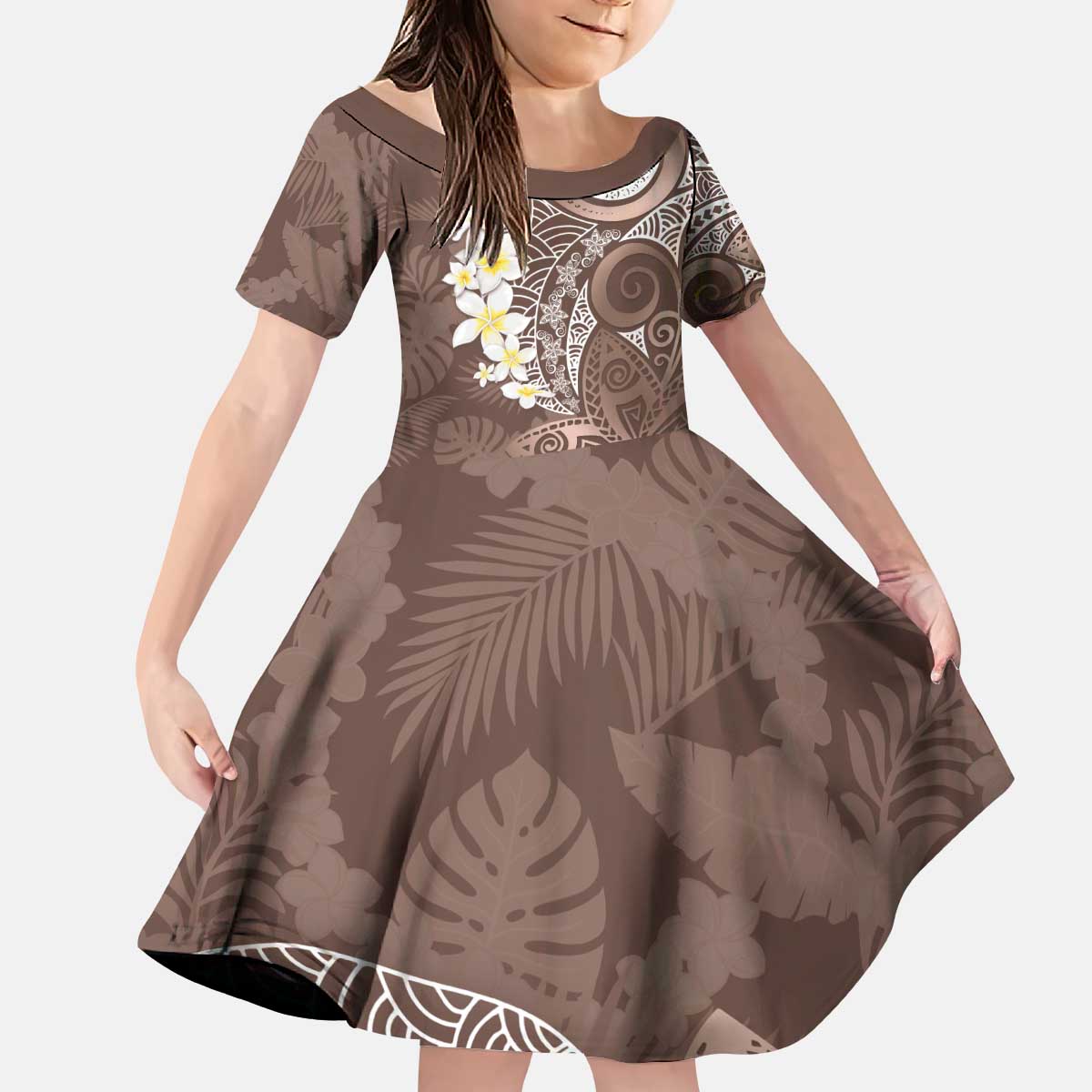 Mocha Mousse Polynesian Tribal Frangipani Tropical Vibe Kid Short Sleeve Dress