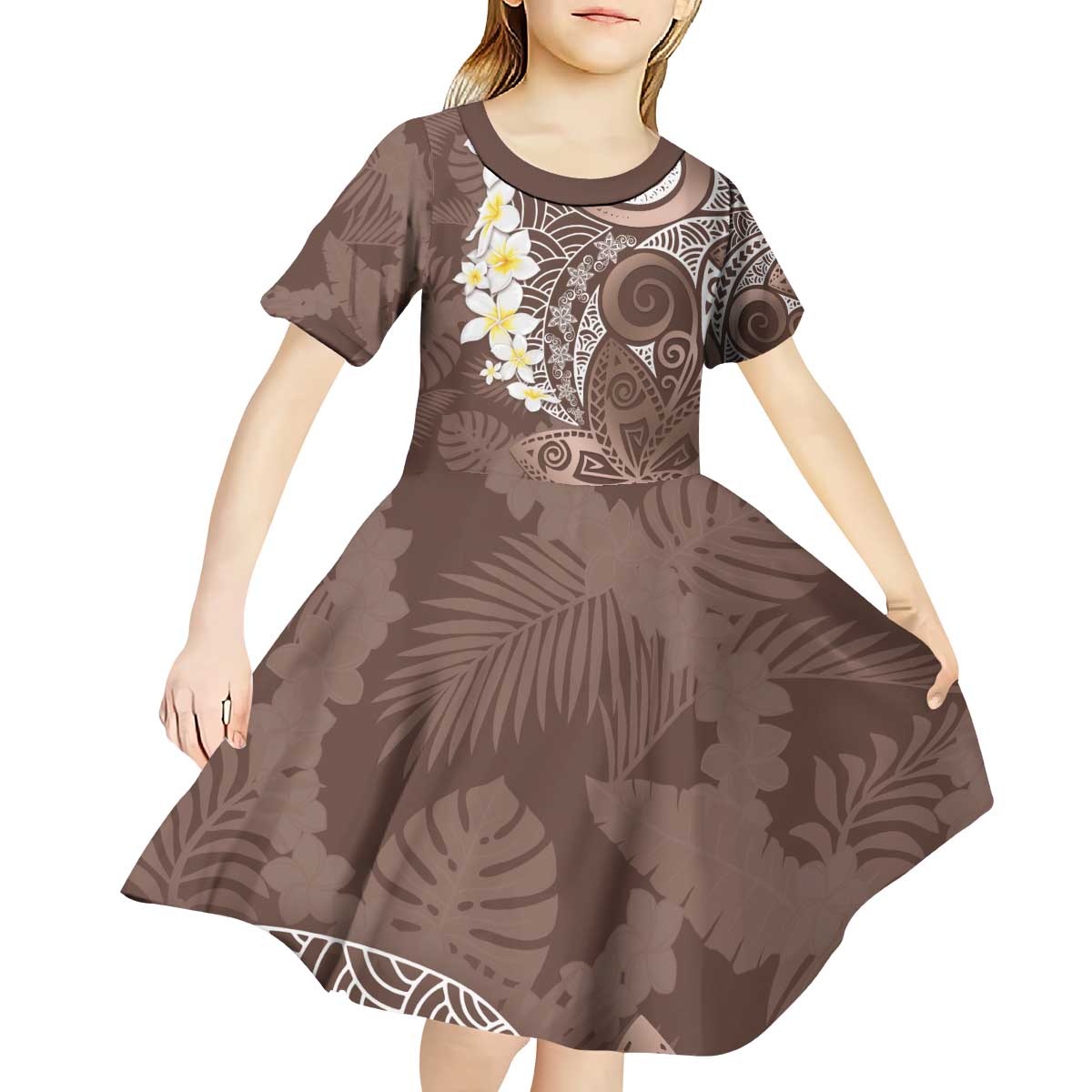 Mocha Mousse Polynesian Tribal Frangipani Tropical Vibe Kid Short Sleeve Dress