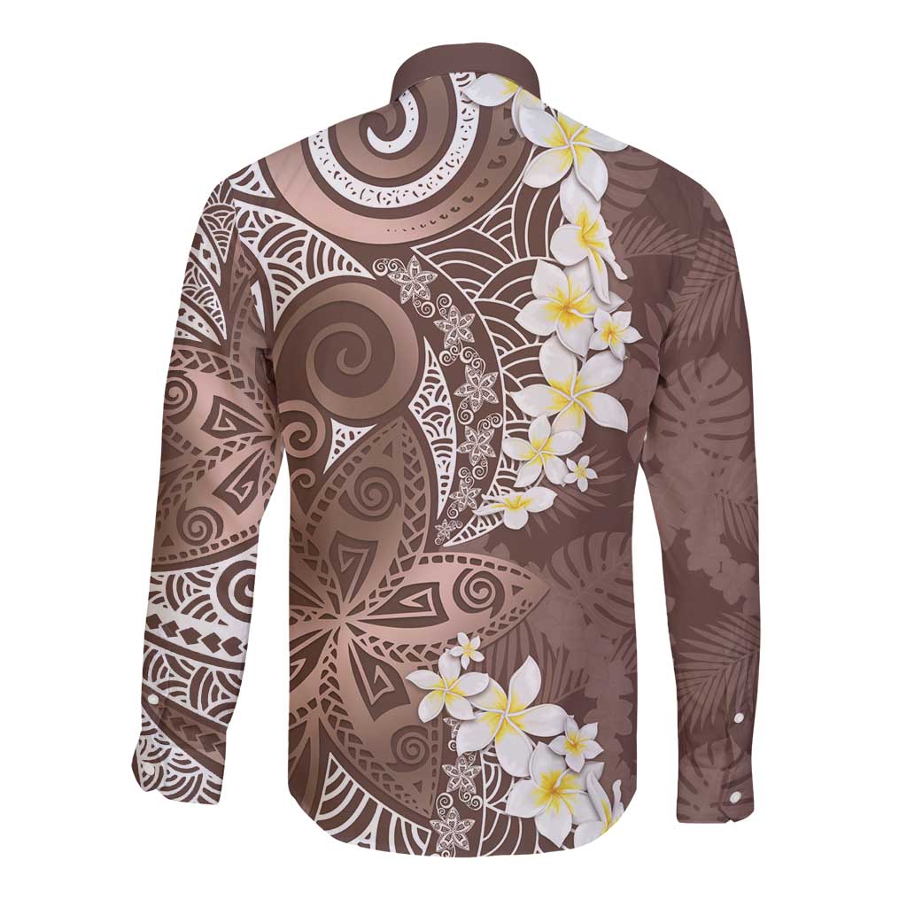 Mocha Mousse Polynesian Tribal Frangipani Tropical Vibe Long Sleeve Button Shirt
