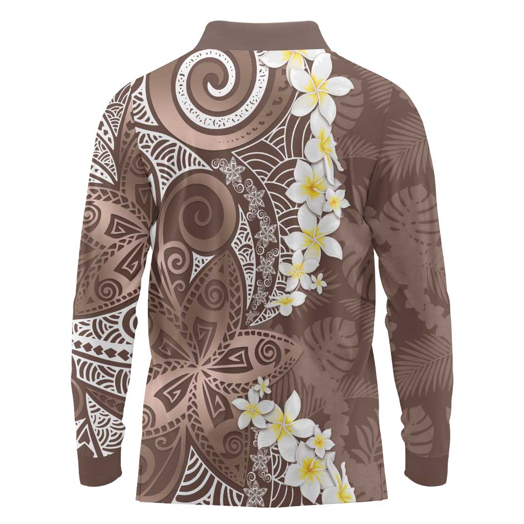 Mocha Mousse Polynesian Tribal Frangipani Tropical Vibe Long Sleeve Polo Shirt
