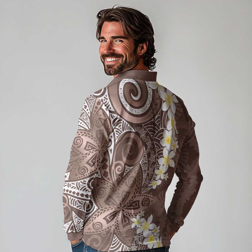 Mocha Mousse Polynesian Tribal Frangipani Tropical Vibe Long Sleeve Polo Shirt