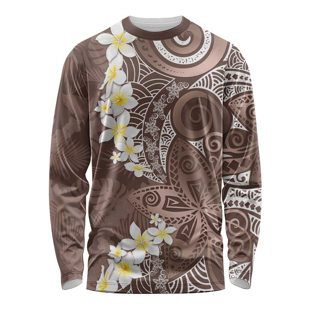 Mocha Mousse Polynesian Tribal Frangipani Tropical Vibe Long Sleeve Shirt