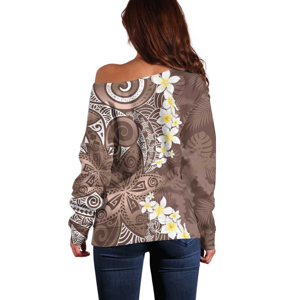Mocha Mousse Polynesian Tribal Frangipani Tropical Vibe Off Shoulder Sweater