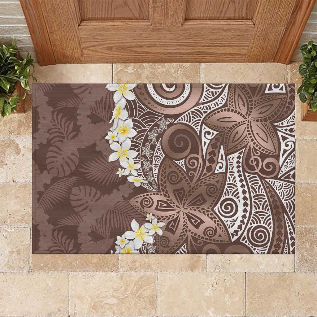 Mocha Mousse Polynesian Tribal Frangipani Tropical Vibe Rubber Doormat