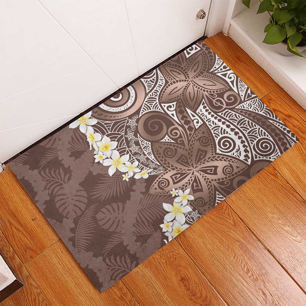 Mocha Mousse Polynesian Tribal Frangipani Tropical Vibe Rubber Doormat