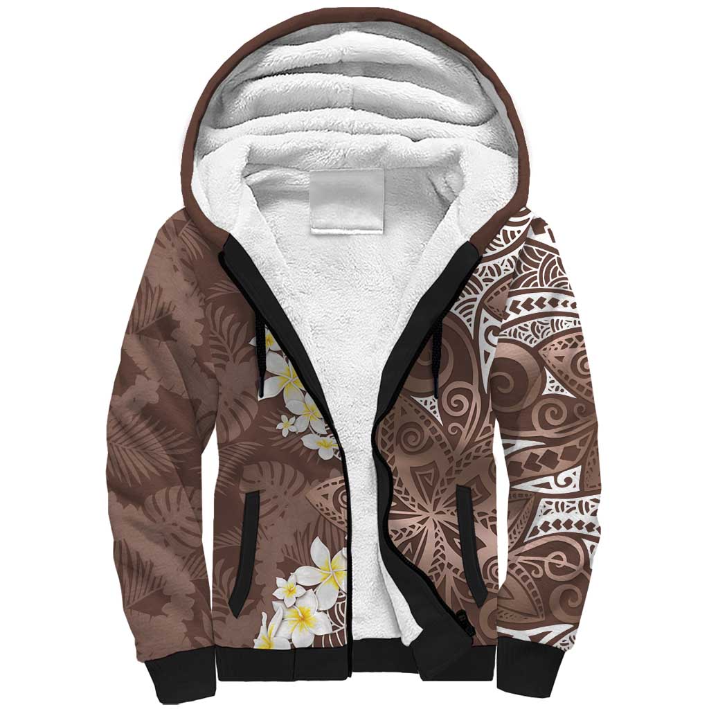 Mocha Mousse Polynesian Tribal Frangipani Tropical Vibe Sherpa Hoodie