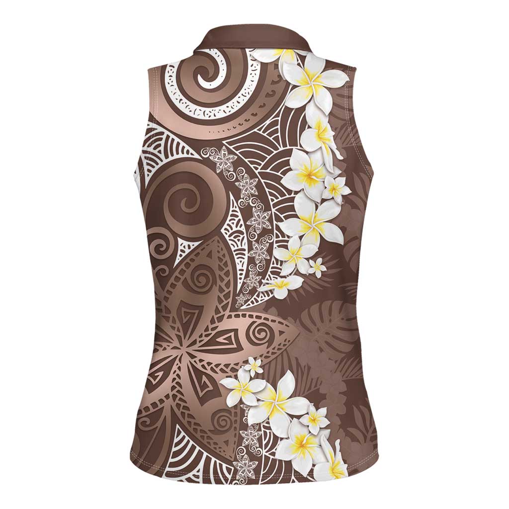 Mocha Mousse Polynesian Tribal Frangipani Tropical Vibe Women Sleeveless Polo Shirt